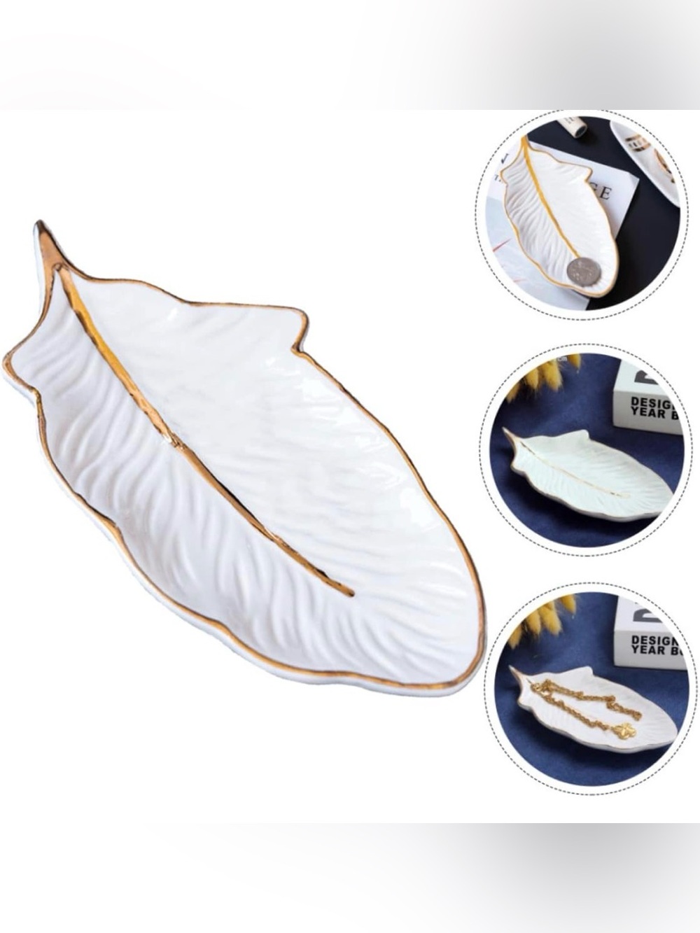 White Ceramic Feather Trinket Dish with Gold Edge. New in box! 8 available